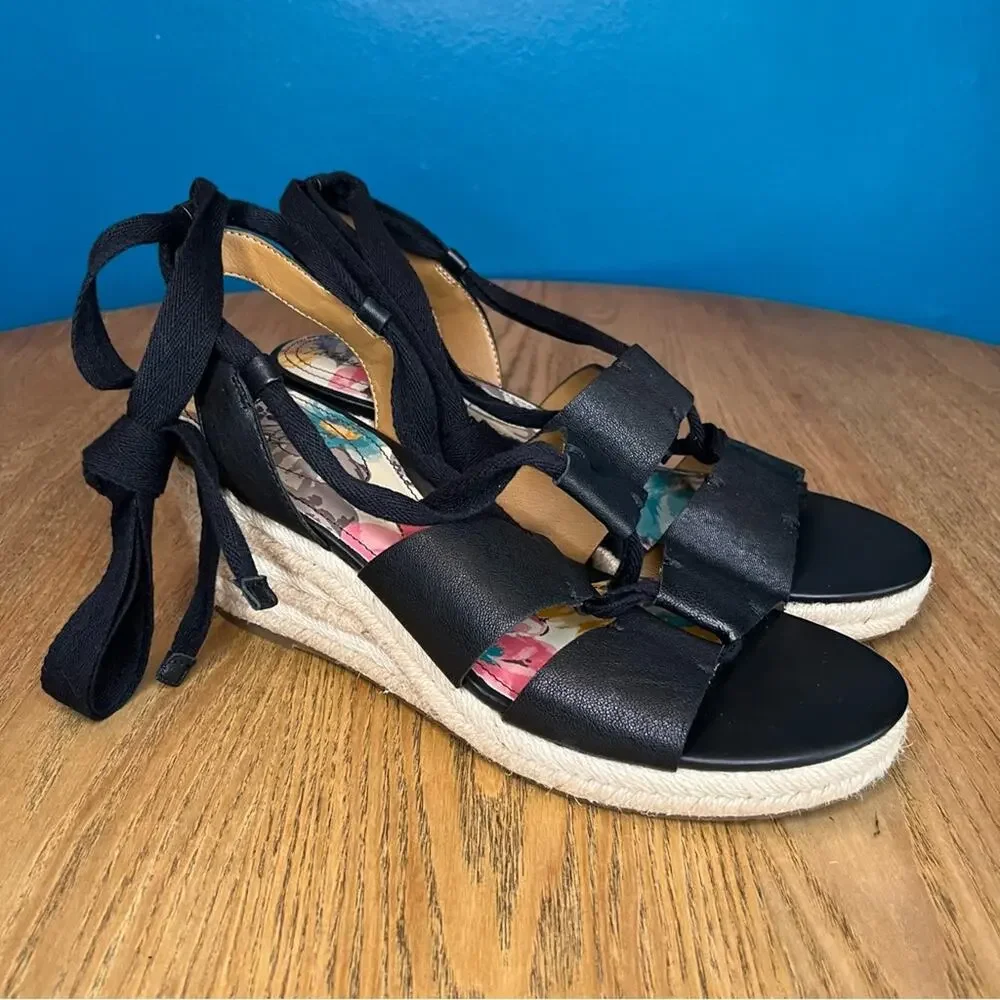 Patricia Nash Riva Wedge Espadrille Black Lace Up Ankle Wrap Sandals Women’s 10